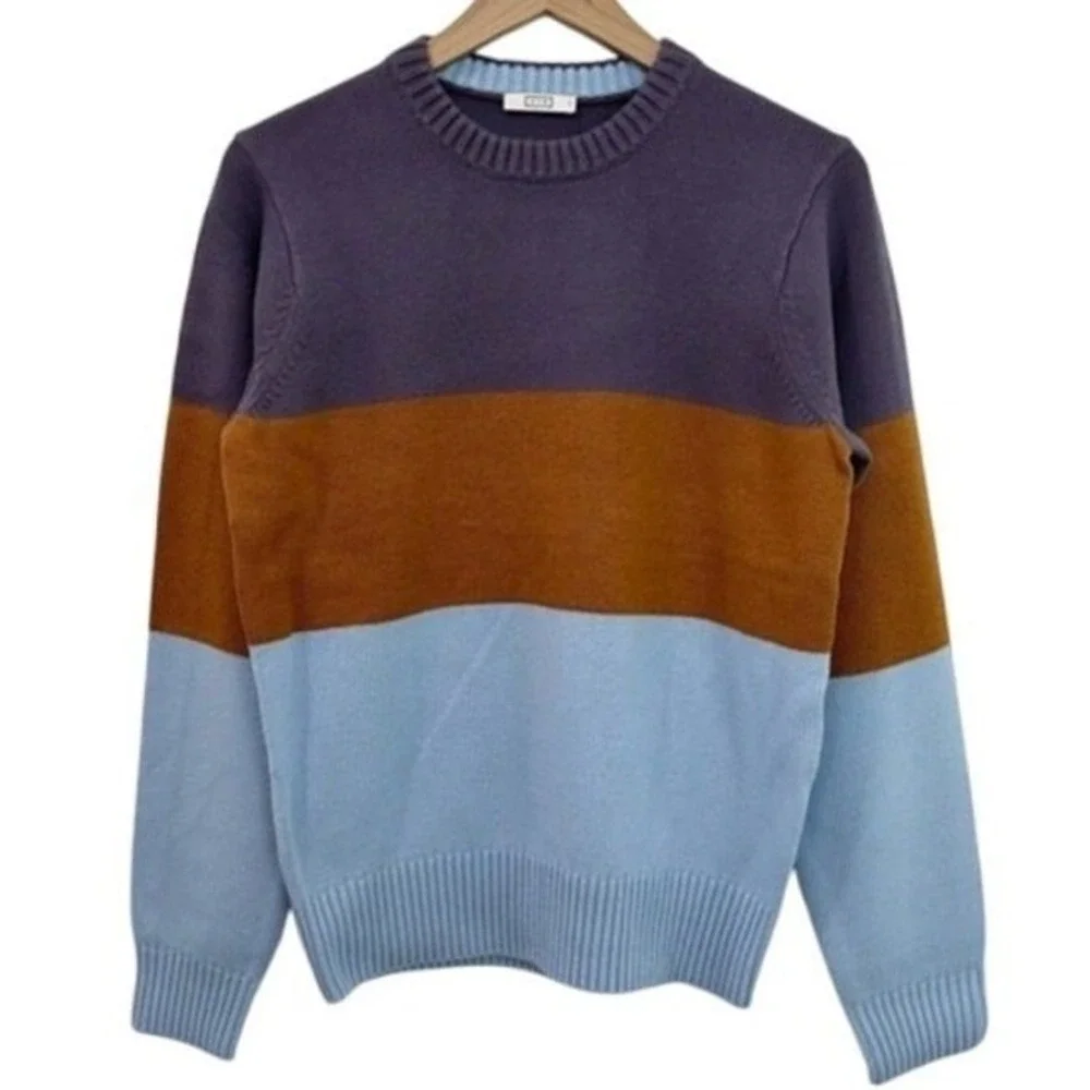 AYR Men's Colorblock Crewneck Sweater Blue Brown Cotton Pullover Size L NWOT